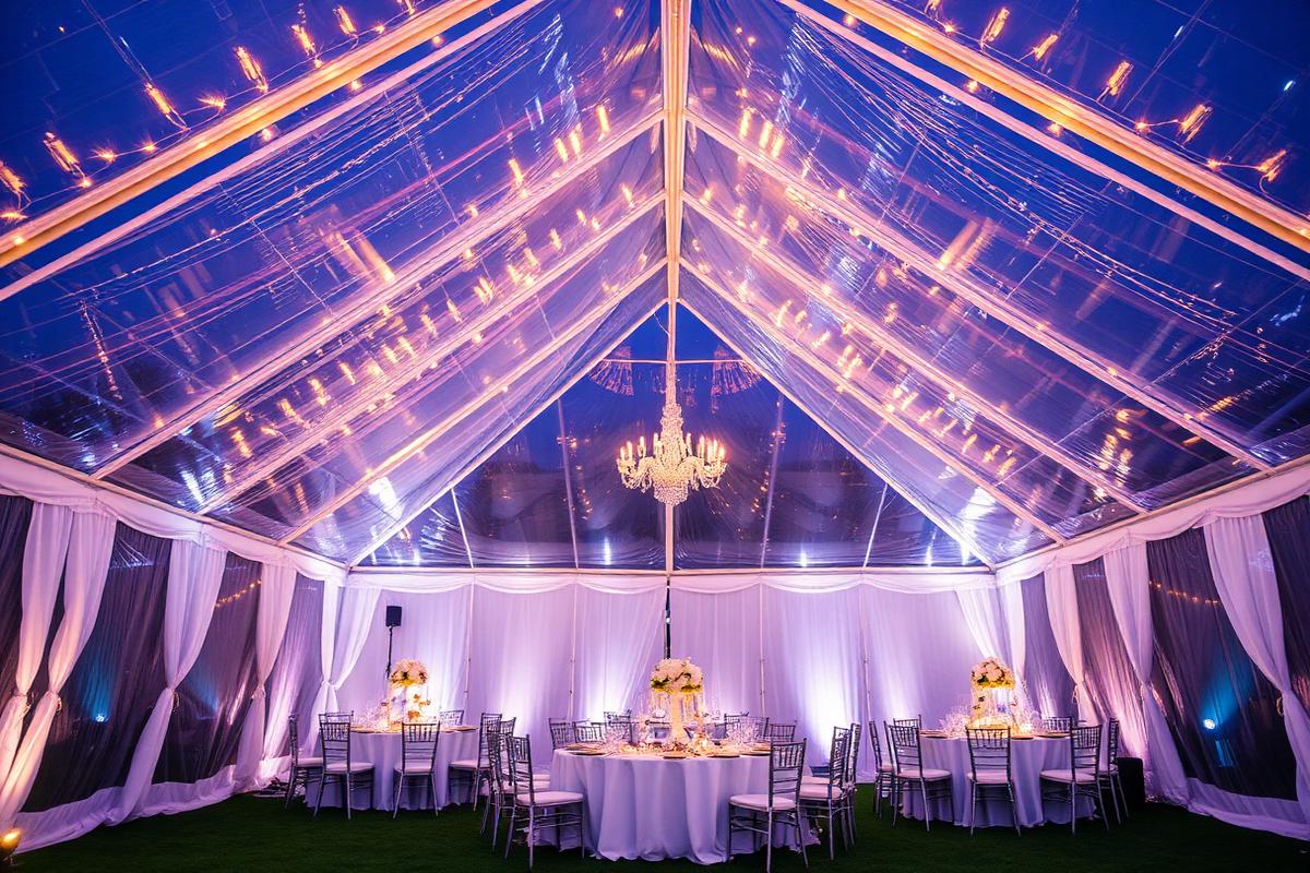 Tenda cristal transparente iluminada à noite