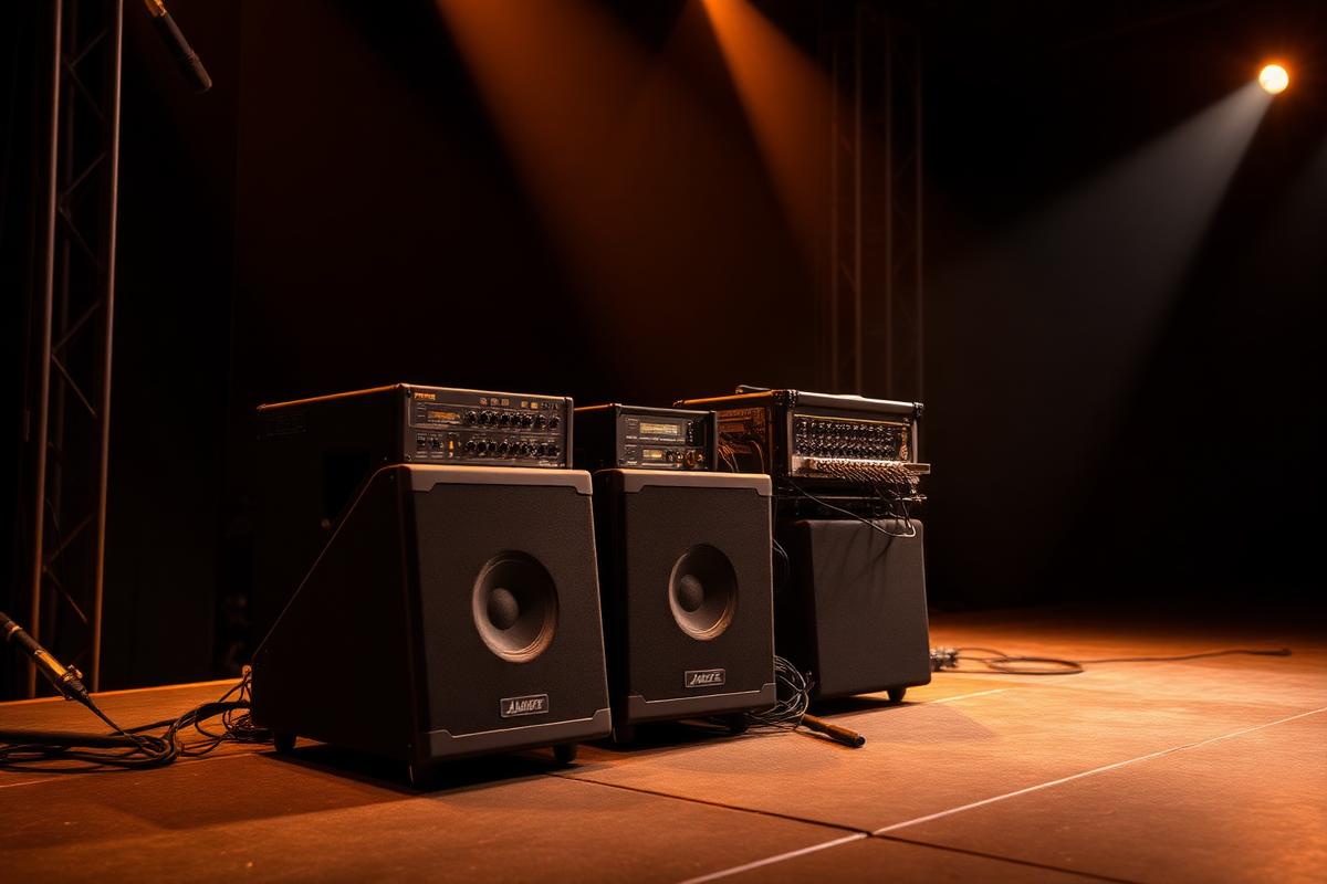 Monitores de palco posicionados no proscênio
