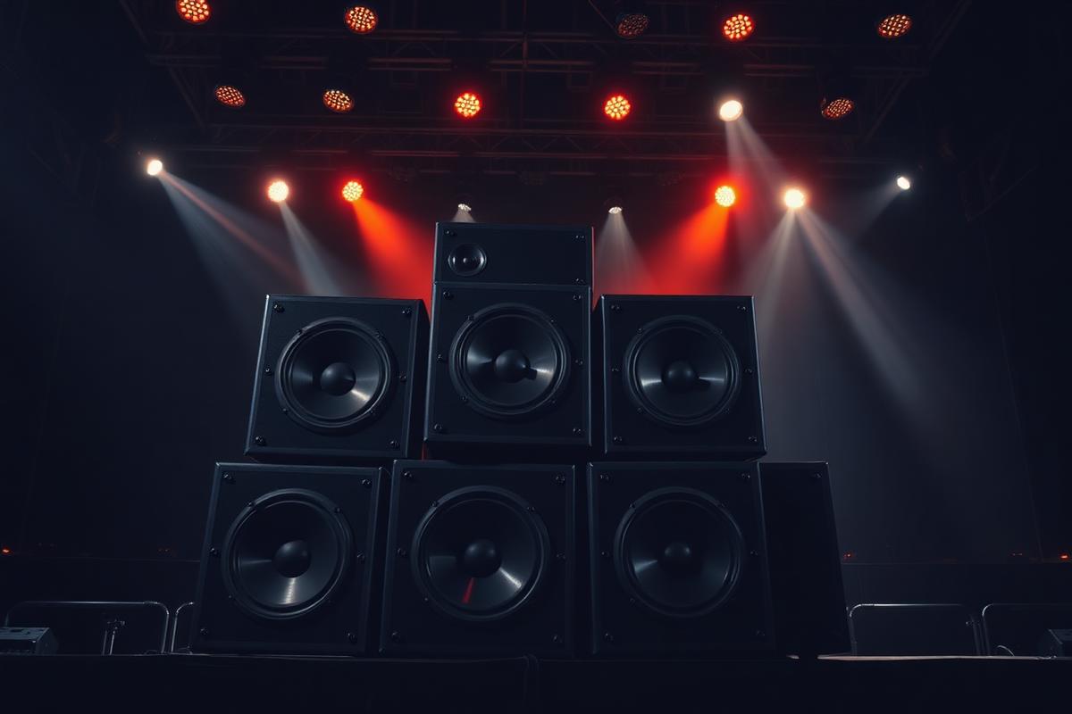 Linha de subgraves alinhada em frente ao palco